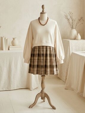 Lovesoft Beige Plaid Patchwork High Waist Sweatshirt Mini Dress Sz Sm